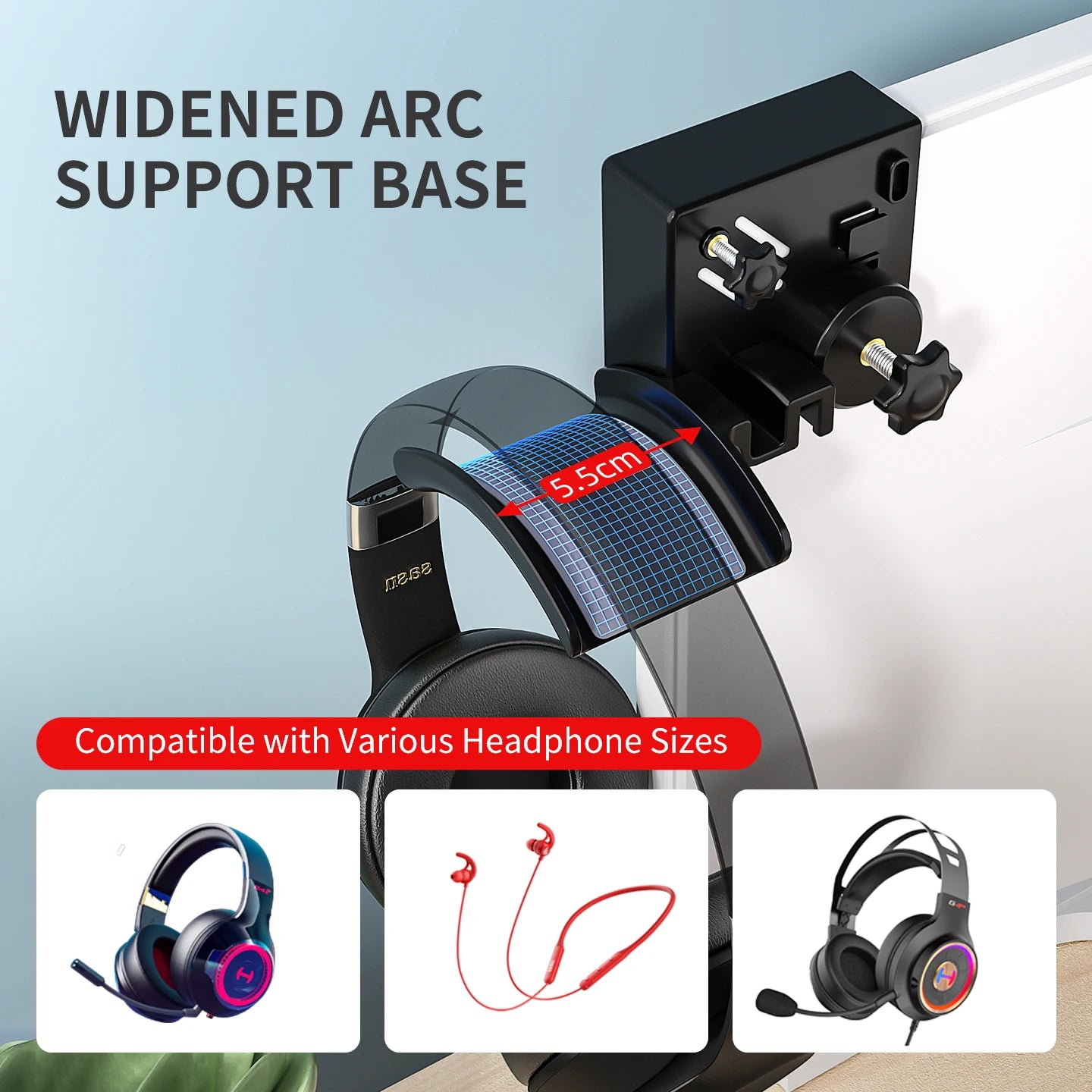 Adjustable Clamp-On Headphone Stand for Space-Saving Headset and Earphone Storage in Gaming and Office Environments
